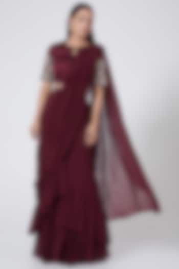 Wine Pre-Stitched Saree With Embroidered Blouse by Bhumika Sharma
