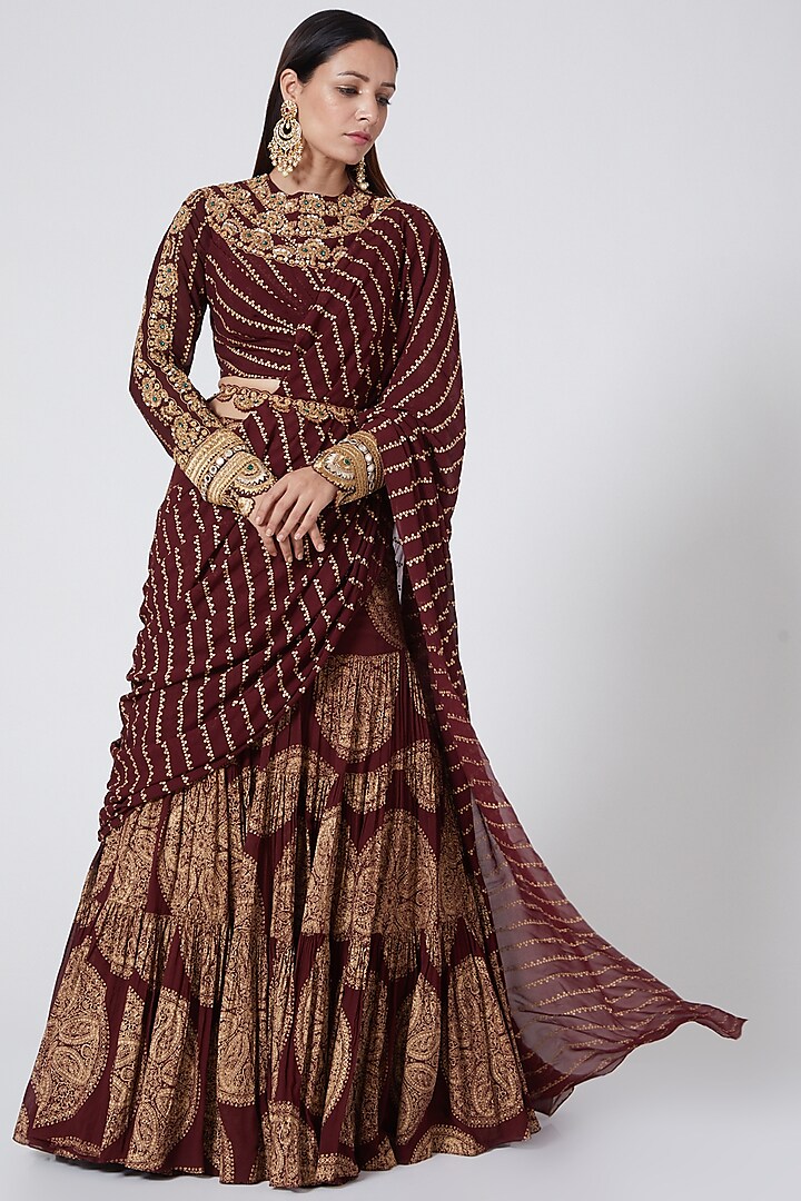Maroon & Golden Embroidered Pre-Stitched Saree Set by Bhumika Sharma