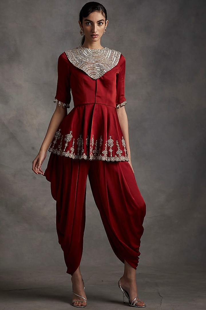 Red Embroidered Peplum Top With Dhoti Pants by Bhumika Sharma