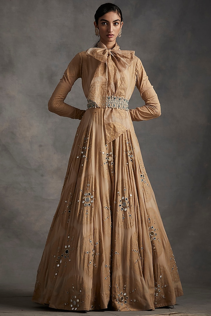 Beige Embroidered & Printed Anarkali Gown With Belt by Bhumika Sharma