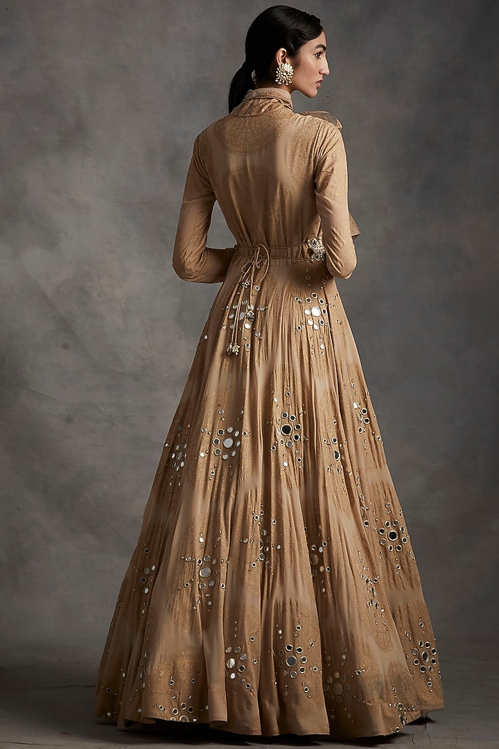 Beige Embroidered & Printed Anarkali Wedding Gown With Belt by Bhumika Sharma at Pernia's Pop Up Shop