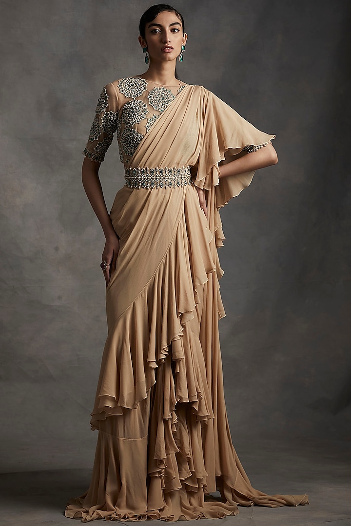 Beige Georgette & Net Emerald Stone Hand Embroidered Pre-Stitched Ruffled Saree Set by Bhumika Sharma