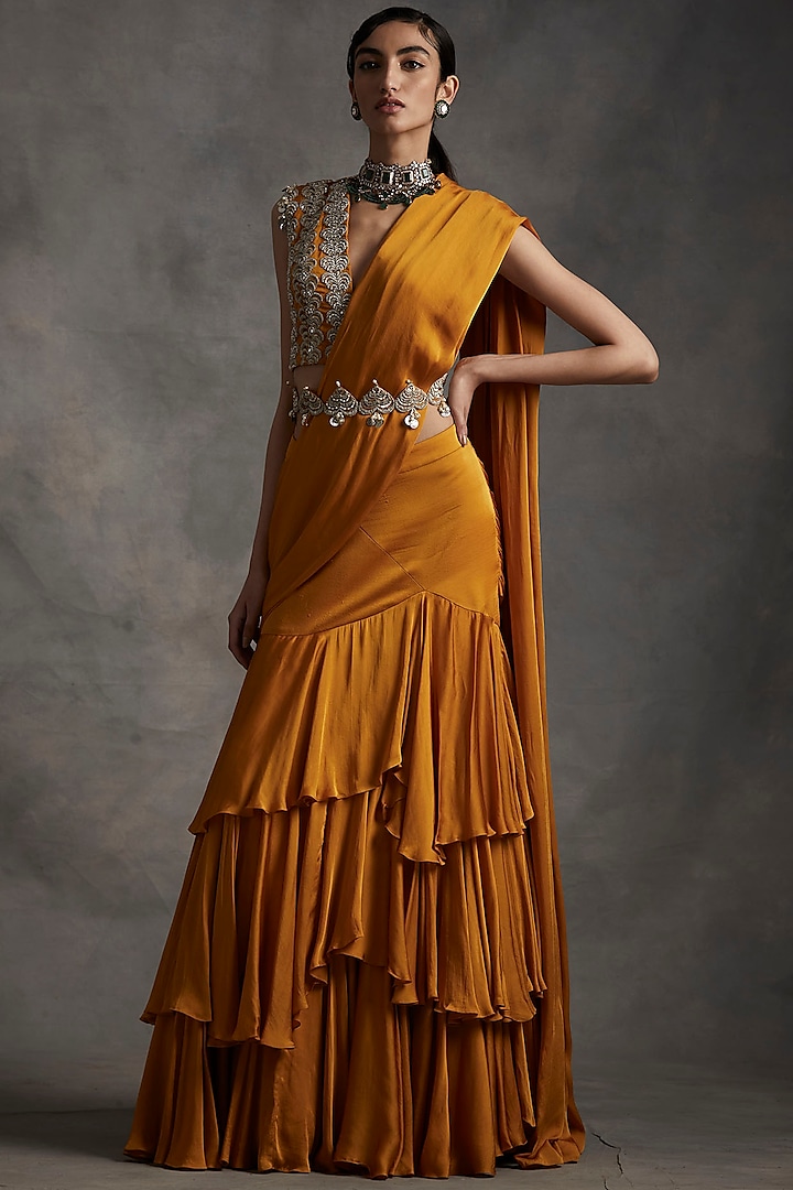 Haldi Yellow Embroidered Pre-Stitched Saree Set by Bhumika Sharma at Pernia's Pop Up Shop