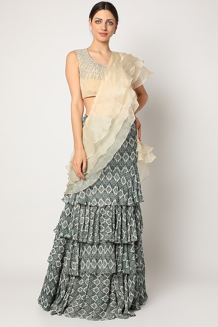 Blue Printed Pre-Stitched Layered Saree Set by Bhumika Sharma