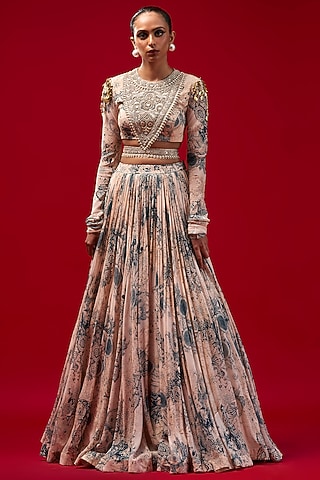 Champagne & Blue Georgette Printed Lehenga Set by Bhumika Sharma