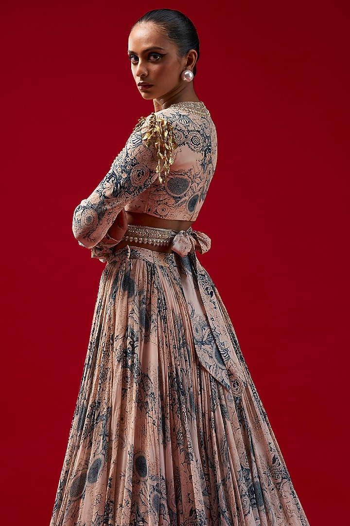 Champagne & Blue Georgette Printed Wedding Lehenga Set by Bhumika Sharma at Pernia's Pop Up Shop