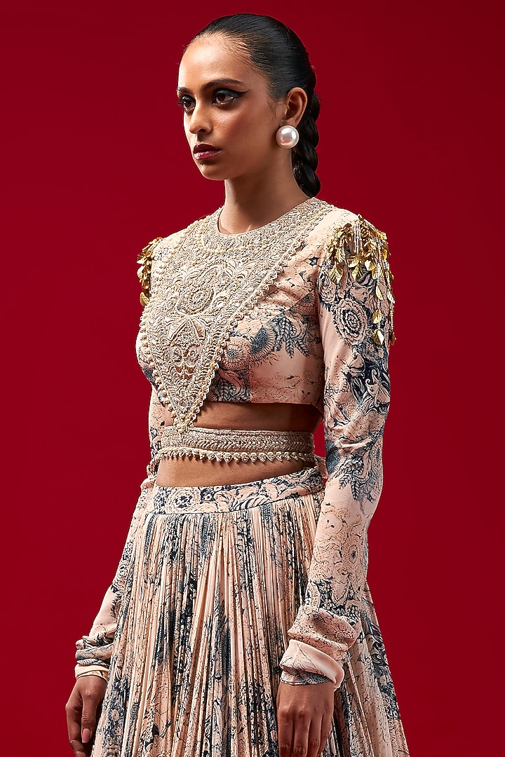 Champagne & Blue Georgette Printed Wedding Lehenga Set by Bhumika Sharma at Pernia's Pop Up Shop