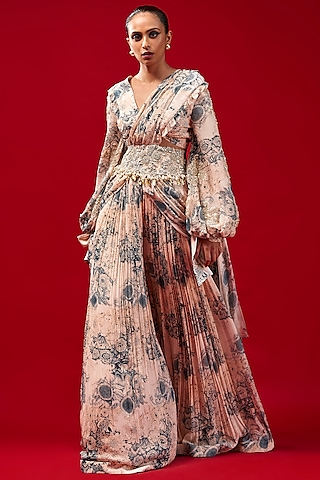 Champagne & Blue Georgette Blossom Printed Pre-Stitched Palazzo Pant Saree Set by Bhumika Sharma