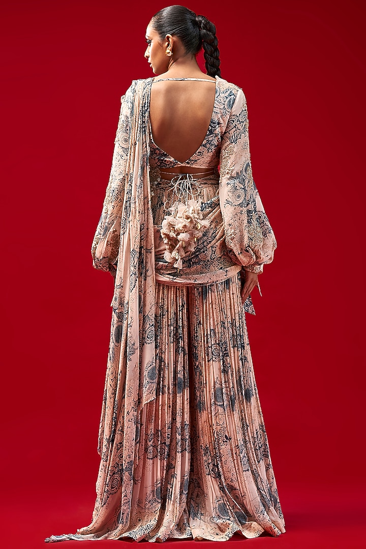 Champagne & Blue Georgette Blossom Printed Pre-Stitched Palazzo Pant Wedding Saree Set by Bhumika Sharma at Pernia's Pop Up Shop