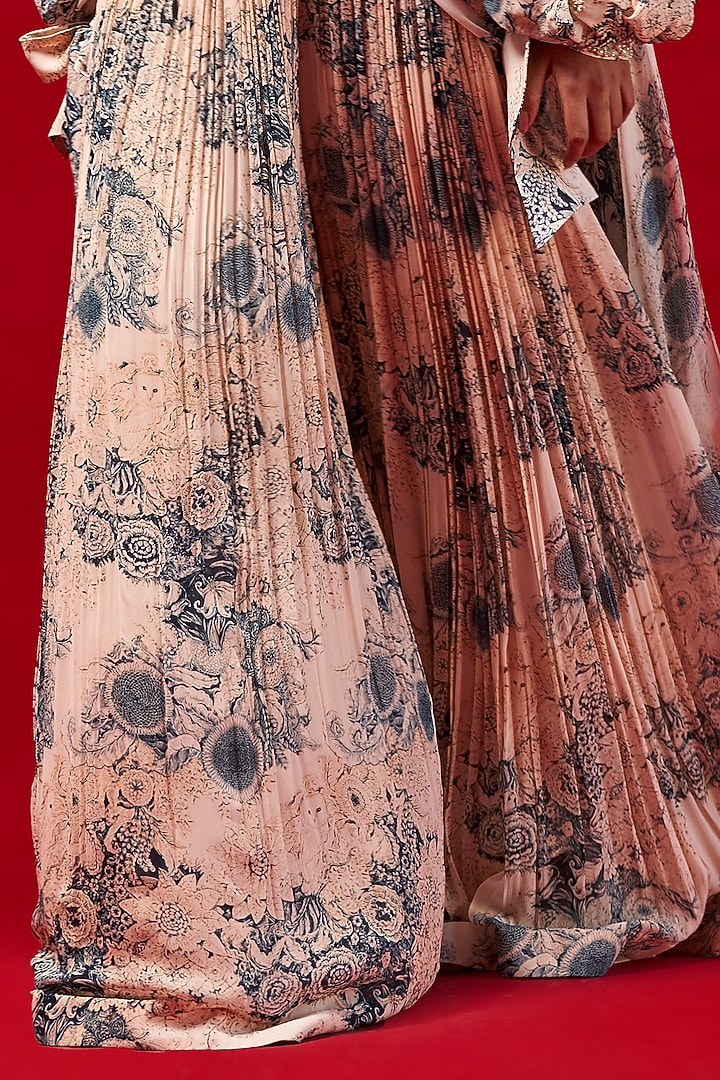Champagne & Blue Georgette Blossom Printed Pre-Stitched Palazzo Pant Wedding Saree Set by Bhumika Sharma at Pernia's Pop Up Shop