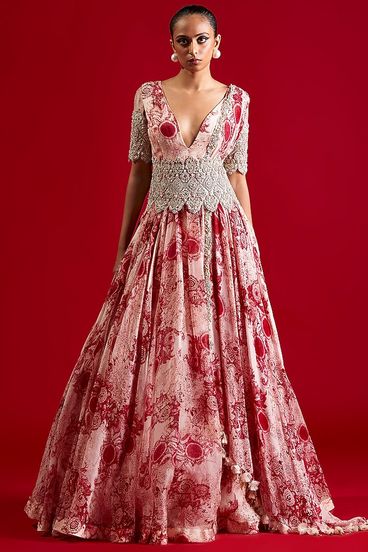 Ivory & Red Georgette Printed Bridal Anarkali Set by Bhumika Sharma at Pernia's Pop Up Shop