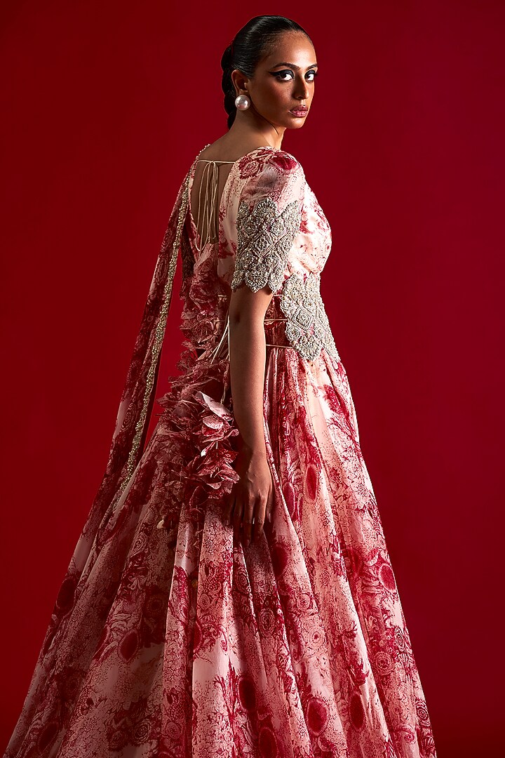 Ivory & Red Georgette Printed Bridal Anarkali Set by Bhumika Sharma at Pernia's Pop Up Shop