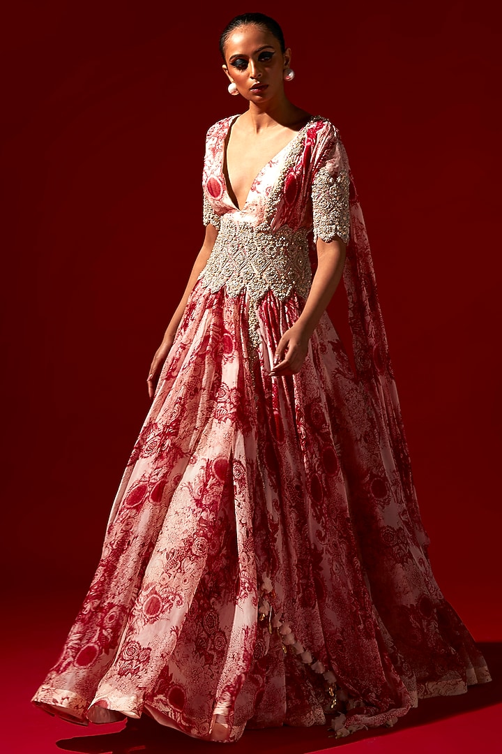 Ivory & Red Georgette Printed Bridal Anarkali Set by Bhumika Sharma at Pernia's Pop Up Shop