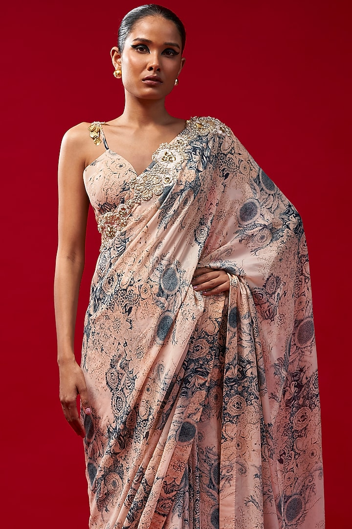 Champagne & Blue Georgette Printed Wedding Saree Set by Bhumika Sharma at Pernia's Pop Up Shop