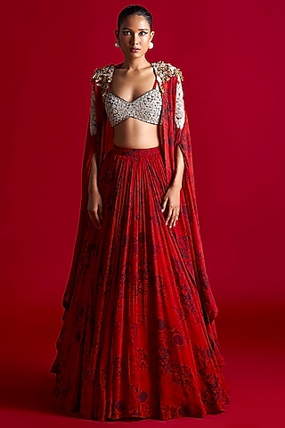 Red & Black Georgette Printed Cape Set by Bhumika Sharma