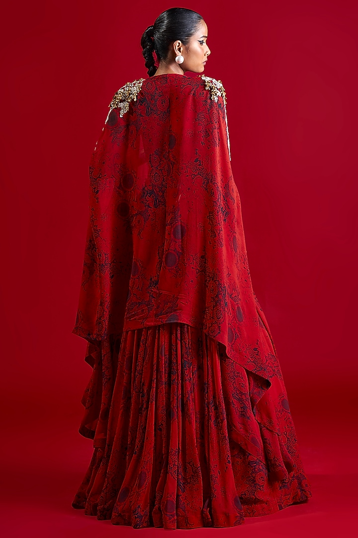 Red & Black Georgette Printed Cape Set by Bhumika Sharma at Pernia's Pop Up Shop