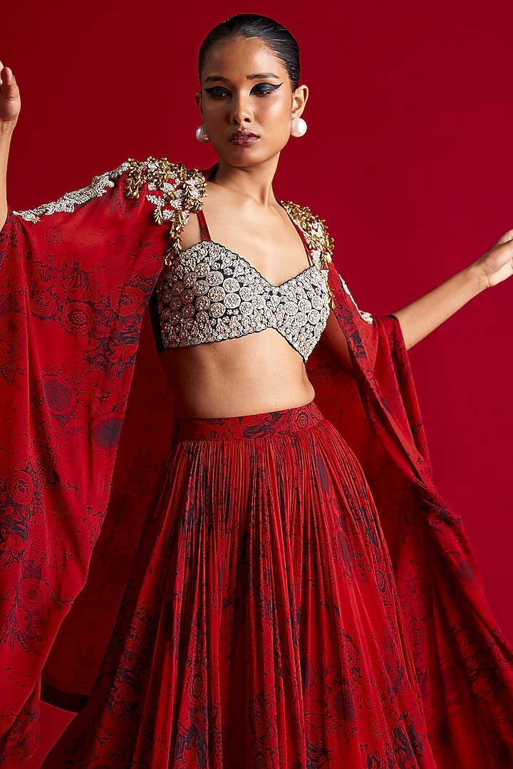 Red & Black Georgette Printed Cape Set by Bhumika Sharma at Pernia's Pop Up Shop