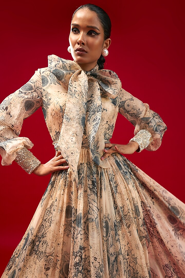 Champagne & Blue Organza Printed Wedding Gown by Bhumika Sharma at Pernia's Pop Up Shop