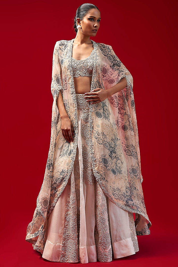 Champagne & Blue  Organza Embroidered Jacket Lehenga Set by Bhumika Sharma