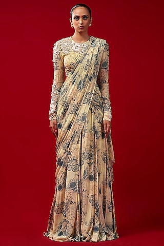Mint & Blue Georgette Printed Pre-Stitched Saree Set by Bhumika Sharma