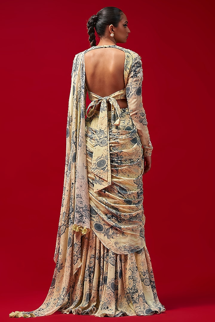 Mint & Blue Georgette Printed Pre-Stitched Wedding Saree Set by Bhumika Sharma at Pernia's Pop Up Shop