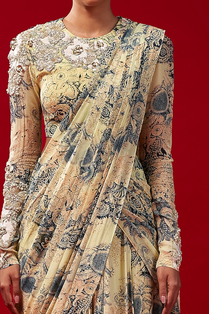 Mint & Blue Georgette Printed Pre-Stitched Wedding Saree Set by Bhumika Sharma at Pernia's Pop Up Shop