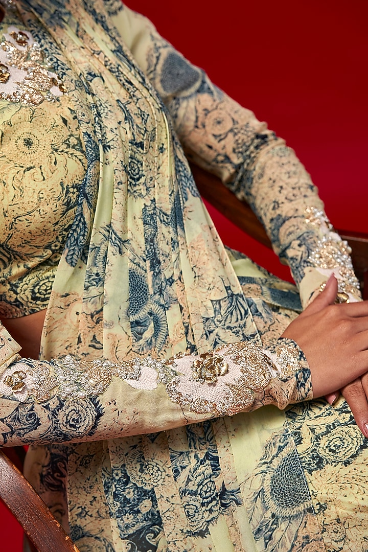 Mint & Blue Georgette Printed Pre-Stitched Wedding Saree Set by Bhumika Sharma at Pernia's Pop Up Shop