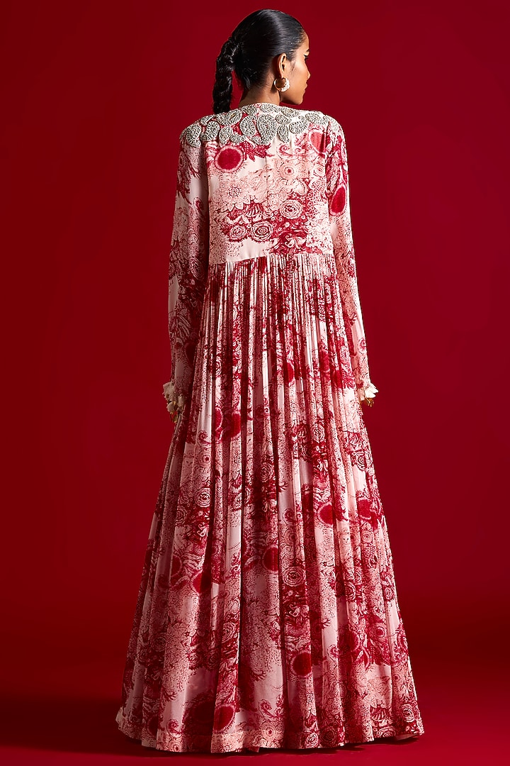 Ivory & Red Georgette Printed Wedding Anarkali Set by Bhumika Sharma at Pernia's Pop Up Shop