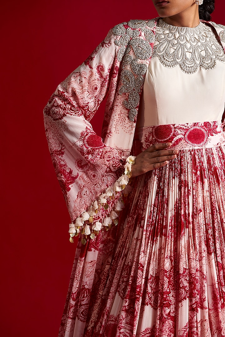 Ivory & Red Georgette Printed Wedding Anarkali Set by Bhumika Sharma at Pernia's Pop Up Shop