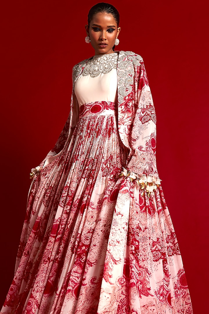 Ivory & Red Georgette Printed Wedding Anarkali Set by Bhumika Sharma at Pernia's Pop Up Shop