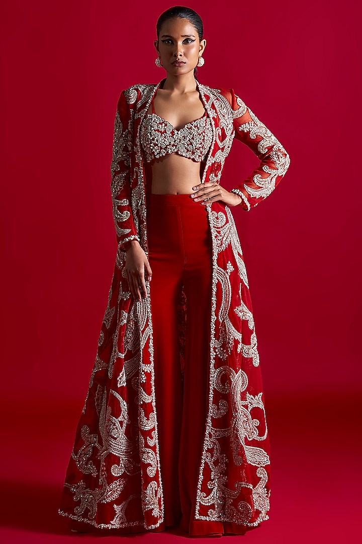 Red Georgette & Net Embroidered Jacket Set by Bhumika Sharma at Pernia's Pop Up Shop