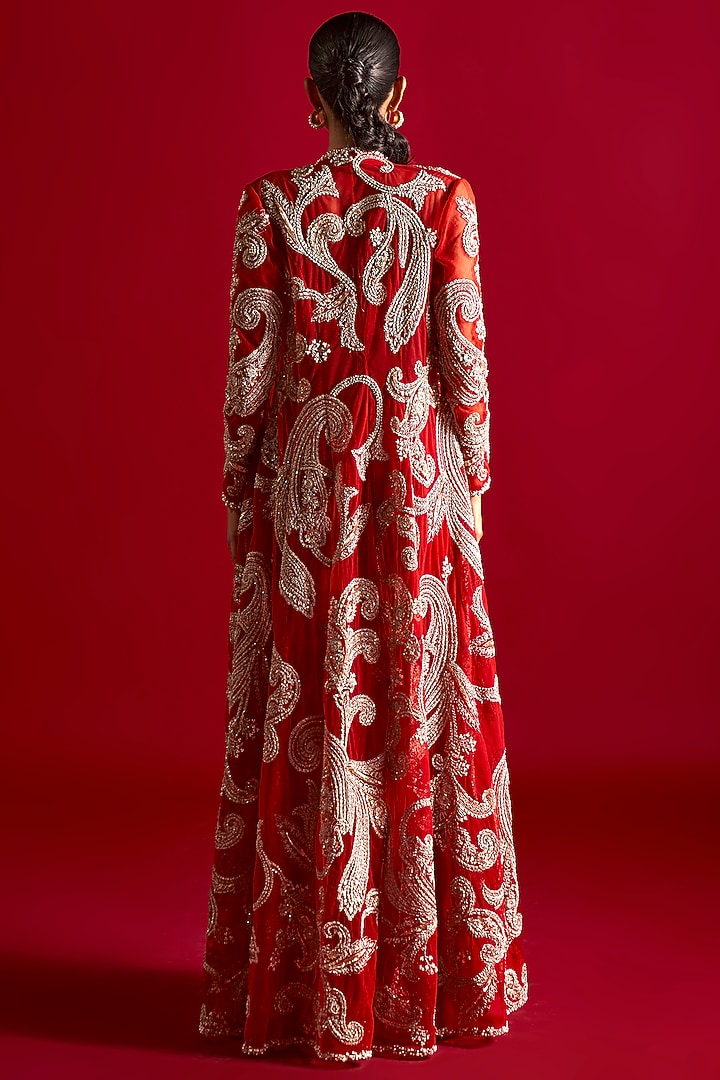 Red Georgette & Net Embroidered Jacket Set by Bhumika Sharma at Pernia's Pop Up Shop