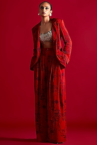 Red & Black Georgette Printed Jacket Set by Bhumika Sharma