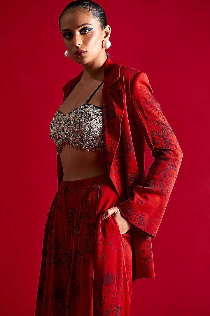 Red & Black Georgette Printed Jacket Set by Bhumika Sharma at Pernia's Pop Up Shop