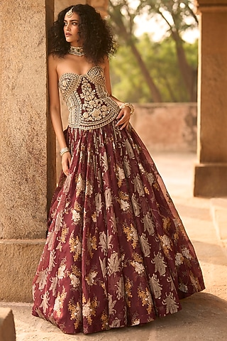 Brown Net & Organza Embroidered Anarkali by Bhumika Sharma