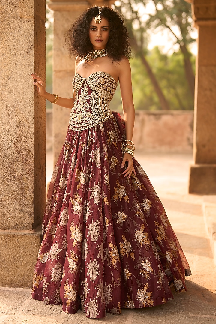 Brown Net & Organza Embroidered Bridal Anarkali by Bhumika Sharma at Pernia's Pop Up Shop