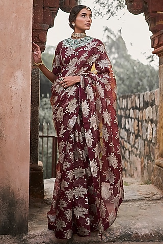 Brown Organza Printed Saree Set by Bhumika Sharma