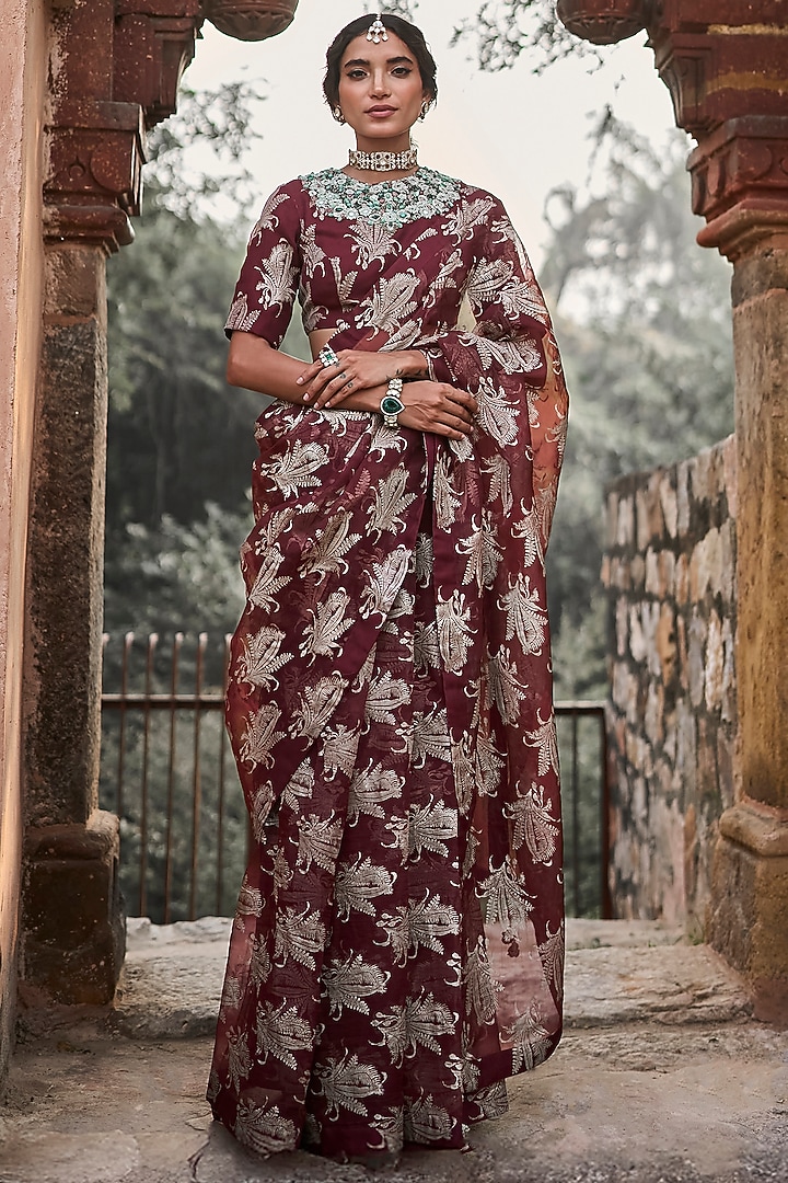 Brown Organza Printed Wedding Saree Set by Bhumika Sharma at Pernia's Pop Up Shop