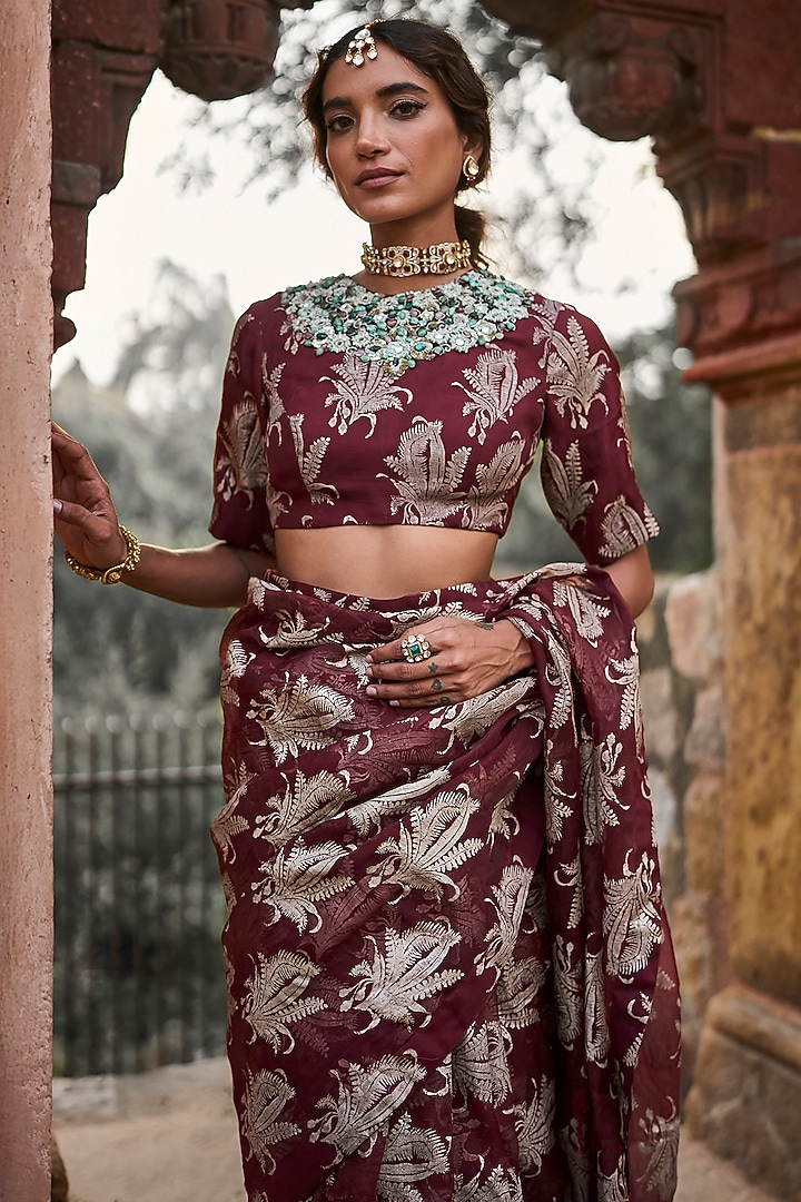 Brown Organza Printed Wedding Saree Set by Bhumika Sharma at Pernia's Pop Up Shop