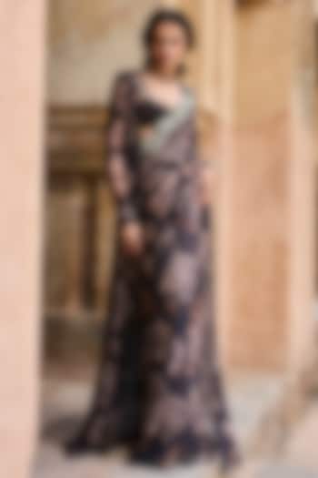 Black Lycra Floral Printed Jacket Reception Saree Set by Bhumika Sharma at Pernia's Pop Up Shop