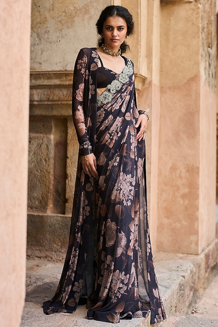 Black Lycra Floral Printed Jacket Reception Saree Set by Bhumika Sharma at Pernia's Pop Up Shop