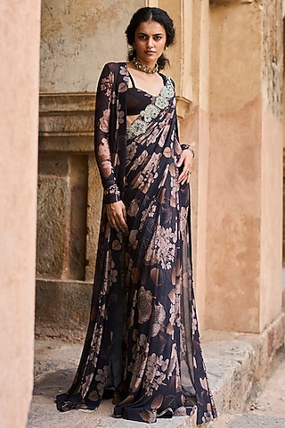 Black Lycra Floral Printed Jacket Saree Set by Bhumika Sharma
