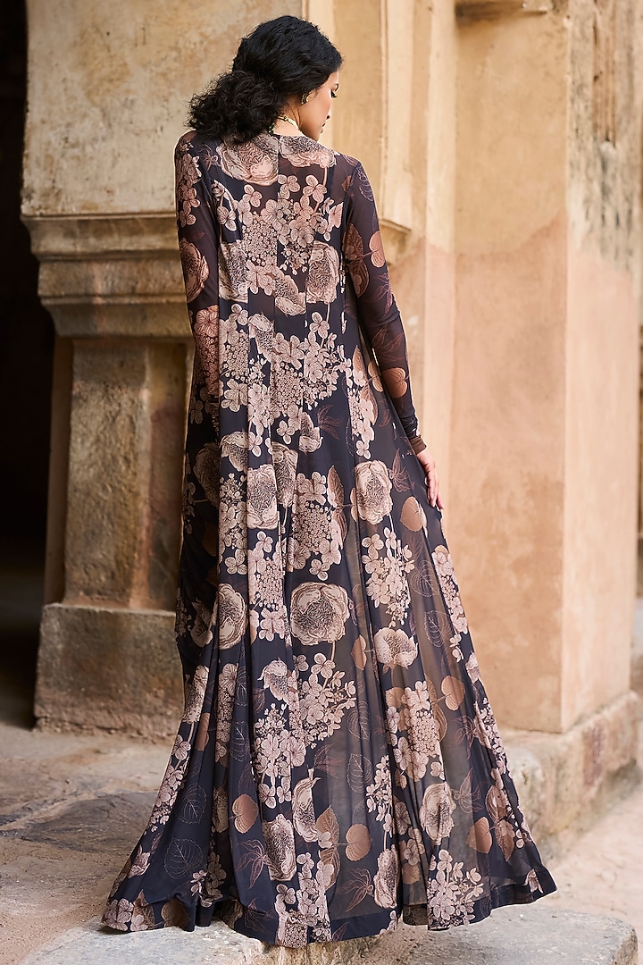 Black Lycra Floral Printed Jacket Reception Saree Set by Bhumika Sharma at Pernia's Pop Up Shop