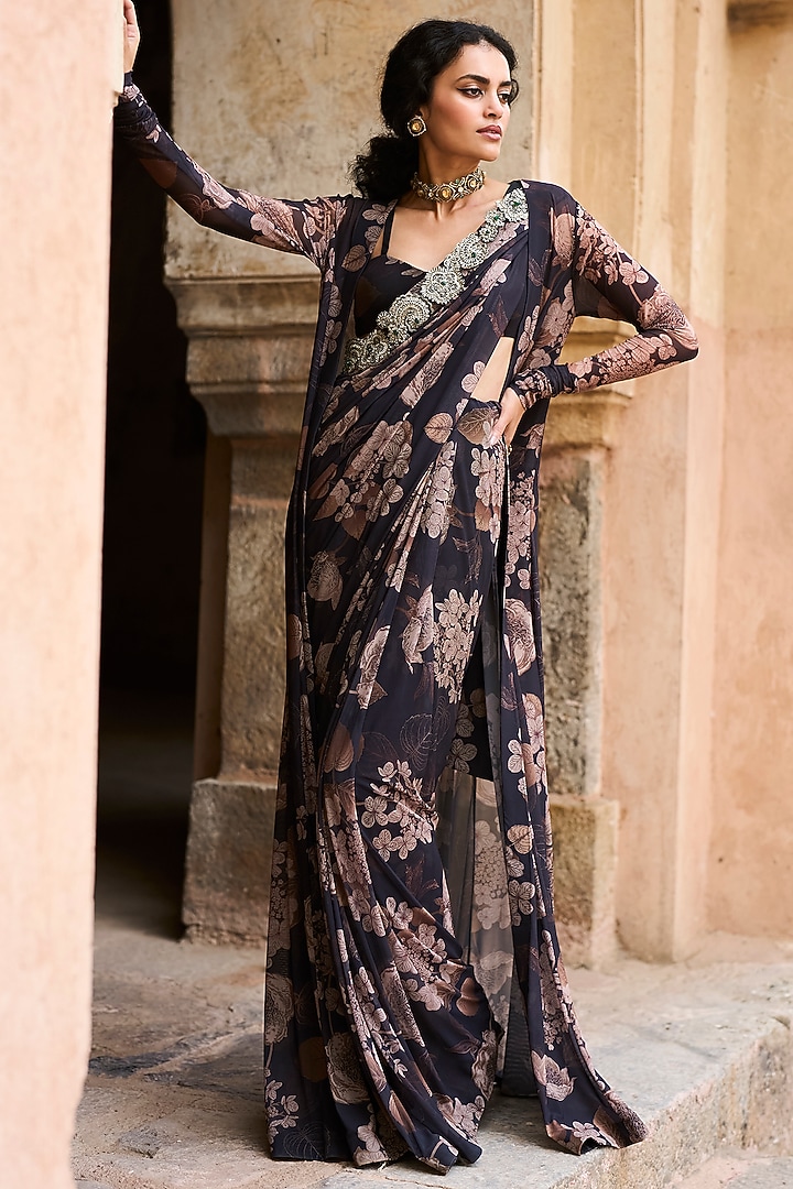 Black Lycra Floral Printed Jacket Reception Saree Set by Bhumika Sharma at Pernia's Pop Up Shop