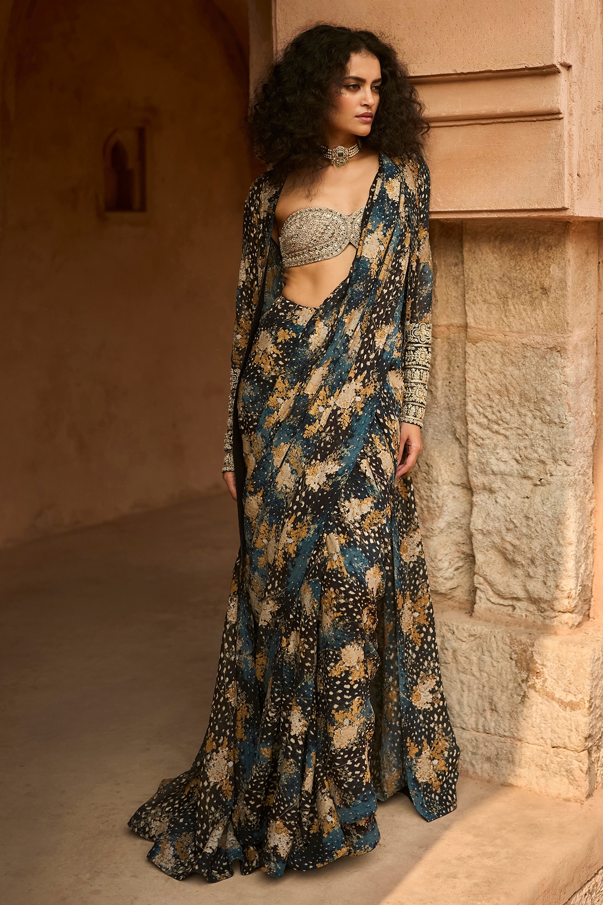 Bhumika Sharma Black Lycra Cape Saree Set