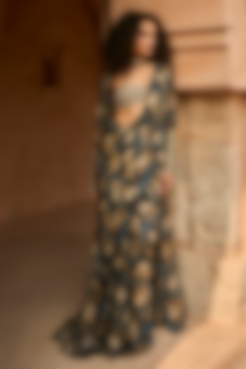 Black Lycra Cape Reception Saree Set by Bhumika Sharma at Pernia's Pop Up Shop