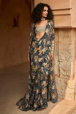 Black Lycra Cape Saree Set by Bhumika Sharma