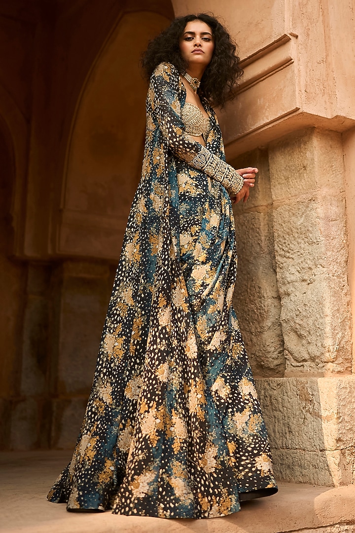 Black Lycra Cape Reception Saree Set by Bhumika Sharma at Pernia's Pop Up Shop