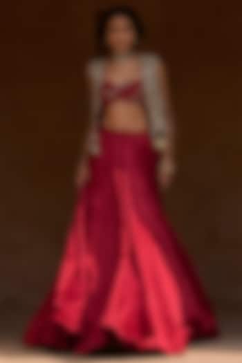 Red Linen Satin Skirt Set by Bhumika Sharma at Pernia's Pop Up Shop