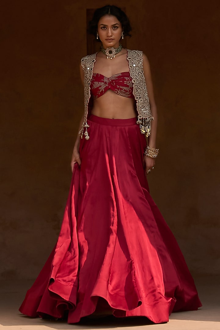Red Linen Satin Skirt Set by Bhumika Sharma at Pernia's Pop Up Shop